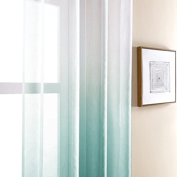 CUTEWIND Cutwind Colour Gradient Curtains, White / Sea Blue, Voile Curtains, Transparent with Eyelets, Eyelet Curtains, Decorative Curtains, Window Curtains for Living Room Bedroom, 140 cm x 160 cm (W x H), Set of 2