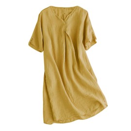 FTCayanz Women's Summer Tunic Dress V Neck Casual Loose Midi Dresses with Pockets Yellow Large