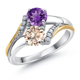 10K Yellow Gold and 925 Silver Peach Morganite and Purple Amethyst and White Lab Grown Diamond Accent Engagement Ring For Women (0.90 Cttw, Gemstone October Birthstone, Round 5MM, Size 5)