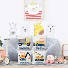 Aoihrraan 16 x 16 Inch Construction Cushion Covers Cartoon Trucking Pushing Digging Lifting Square Linen Throw Pillow Covers Home Decor For Boy Baby Bedroom Sofa Living Room Gifts, 41x41cm Set of 4