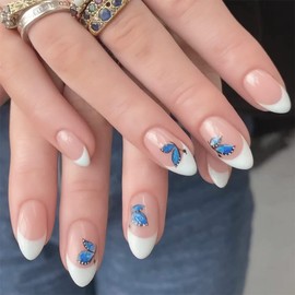 24 Pcs Press on Nails Medium,Lucoffeoi Almond Fake Nails with Nail Glue Almond and Square on Nails Set with Adhesive Tabs File Nails Tips for Women Girls Kids