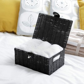 Arpan Small Resin Woven Storage Basket Box with Lid & Lock - Black