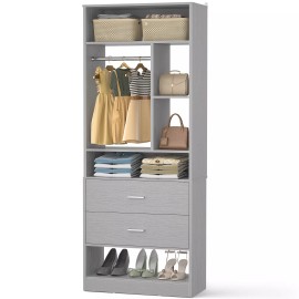 Homieasy 24" Wooden Closet System with 2 Wood Drawers & 6 Storage Shelves & 1 Hanging Rod - Gray