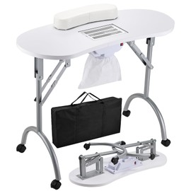 Faquenc Portable Nail Desk with Nail Dust Collector, Rolling Manicure Table Foldable for Nail Tech, Professional Nail Art Table with Manicure Hand Rests, 4 Lockable Wheels & Organizer Carry Bag, White