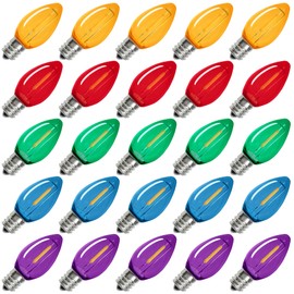BORT 25 Pack C7 LED Replacement Light Bulb, Shatterproof C7 LED Bulbs for Christmas Outdoor String Lights, E12 Candelabra Base, Commercial Grade Holiday Bulbs - Multicolor