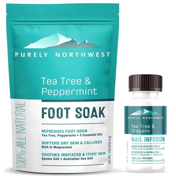 Purely Northwest-Tea Tree Oil Foot Soak & Nail Repair Oil Set- For Damaged Nails, Athletes Foot, Smelly Feet and Foot Callus - Made in the USA