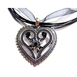 Black Heart Organza Ribbon Choker Necklace with Silvertone Pendant & Glass Crystals, Fabric, Metal, Glass, crystal glass