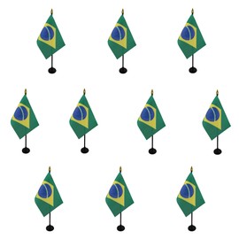 AZ FLAG - Set of 10 Brazil Table Flag 4'' x 6'' - 10 Small Brazilian Mini Desk Flags 100% Polyester 15 x 10 cm - Office Flag with 10'' Pole - Golden Spear