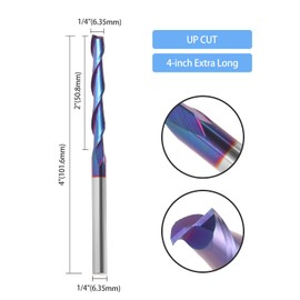 HOZLY Extra Long CNC Spiral Router Bits Up Cut 1/4 inch Shank, 2 inch Cutting Length Long Router Bits 1/4 Carbide End Mill, 4 Inch Total Length Nano Blue Coated Spiral CNC Router Bit for Wood Carving