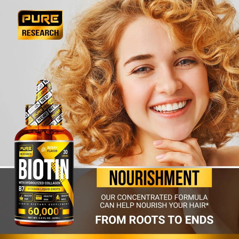 PURE RESEARCH Liquid Biotin & Collagen Hair Growth Drops 60,000mcg