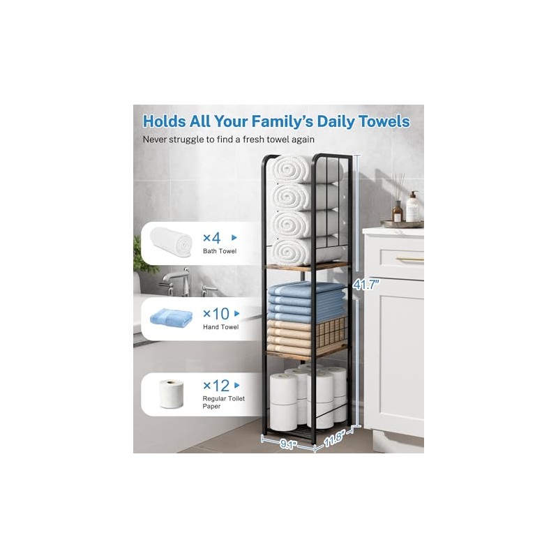 KIMBORA Narrow Towel Storage for Bathroom, 3-Tier Free Standing Bathroom