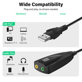 Saisn USB Stereo Sound Card, USB 7.1 External Audio Sound Adapter Card 5Hv2 Channel Converter to 3.5mm Headphone Microphone Jack for Mac, PC, Windows.