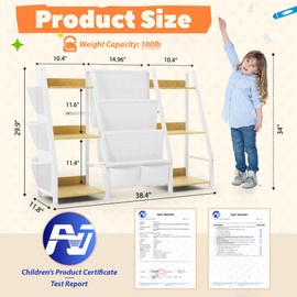 Kids Bookshelf and Toy Organizer: 3-Tier Book Shelf for Kids Room, Sling Book Shelf Toddler Montessori Bookcase with Toy Storage for Nursery, Bedroom, Playroom (Burlywood)