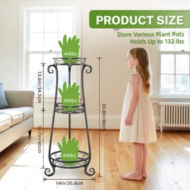 iDavosic.ly 3 Tier Metal Plant Stand Indoor Outdoor, Wrought Iron Corner Tall Flower Pot Holder Shelf, 34 Inch Vertical Heavy Duty Display Rack for Patio Porch Living Room Garden, Black