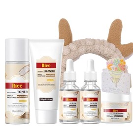 7PCS Rice Skincare Set, Toner, Cleanser, Serum*2, Cream, Greeting Card, Hair Band