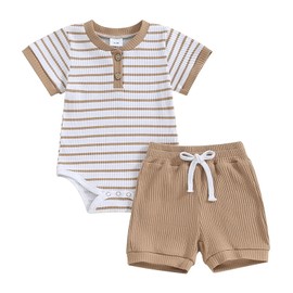 JiAmy Baby Boys' Clothing, Summer Two-Piece Outfit, Short Sleeve Striped Bodysuit Romper + Shorts Set, Newborn Soft Cotton Baby Clothing for Boys 0-18 Months, khaki, 12 - 18 months
