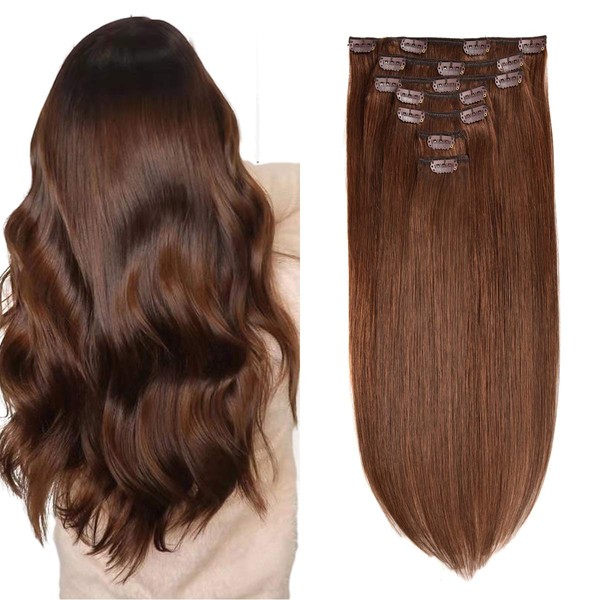 GEELOOK Clip in Hair Extensions Real Human Hair 120g 20 inch Chocolate Brown #4 Color 7pcs Remy Human Hair Extensions Clip in Straight Thick Natural Hair Extensions