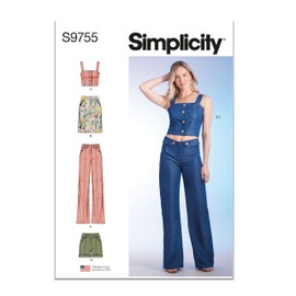 Simplicity Misses' Crop Top, Skirt, Pants and Shorts Sewing Pattern Packet, Code S9755, Sizes 6-8-10-12-14, Multicolor
