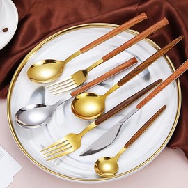 Imitation Wooden Handle Stainless Steel Tableware,Western Steak Knife, Fork and Spoon 10 Piece Gift Box Set (Silver)