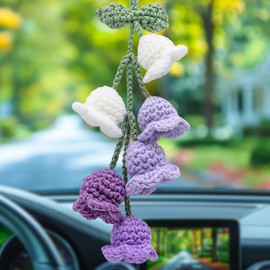 MEAJOO Car Mirror Hanging Accessories, Rear View Mirror Accessories Hanging Decor, Cute Bellflower Hand Knitted Car Pendant Suitable for Key Chains, as Gifts for Women(1 PCS, White & Gradient Purple)