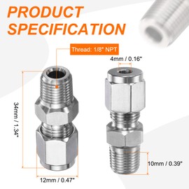 sourcing map 2pcs Compression Fitting 4mm Tube OD x 1/8" NPT Male Thread Stainless Steel Straight Coupler Adapter Compression Tube Pipe Fitting Connector for Oil Gas Water