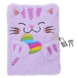 SHINEOFI Plush Cat Animal Notebook with Lock Cute Fuzzy Writing Pad for Adorable Cartoon Diary with Blank Pages Secure Journal for Purple