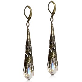 Indian Ethnic Vintage Gold Brone Sparkly Crystal Teardrop Dangle Drop Earrings Bohemian Gypsy Retro Rhinestone Hook Earrings for Women Love Statement Jewelry Gift (White)