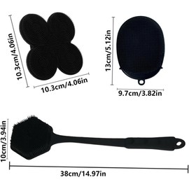 Juego de 3 cepillos de baño: cepillo de mango largo para la espalda, toalla de baño de silicona y cepillo facial con forma de flor; para hacer espuma, limpiar y exfoliar(Black)
