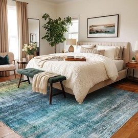 Kokia Abstract Area Rugs 9x12 Bedroom Washable Decor Low Pile Non-Slip Non-Shedding Indoor Blue Carpet Foldable Stain Resistant Floor Living Room Dining Room, Oslo Teal