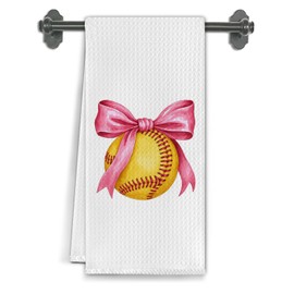 Elefeltclave Coquette Pink Bow Softball Kitchen Towels, Softball Mom Gifts Dish Tea Towels for Kitchen Decor, Gifts for Softballs Lovers Players Hand Towel for Bathroom Decor, 16x24 Inch