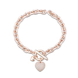 Ouran Heart Shape Bracelet for Women, Charm Rose Gold Silver Plated Toggle Clasp Chain Link Wrist Bracelet with Cubic Zirconia Crystal Best Gift for Friends