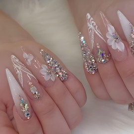 24Pcs French Tip Press on Nails Long Stiletto Fake Nails Luxury Glitter Charms Rhinestones Acrylic Nails Flower Glue on Nails Nude Pink False Nails Almond Shaped Artificial Stick on Nails with Design
