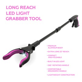 Grabber Reacher Tool-Long 32 Inch Aluminum Foldable Pick Up Stick-Strong Grip Shelves LED Light Magnetic Tip, Lightweight Trash Picker Claw Reacher Grabber Tool for Elderly (32" 2-Pack, Pink)