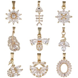9pcs Cubic Zirconia Pendant, Feather Swan Bee Peacock CZ Crystal Bead Charms for DIY Gemstone Necklace Earrings, Assorted Sparkling Jewelry Making Accessories (Gold Color-2)