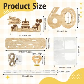 Belillpipi 2025 Original 60th Birthday Decoration Birthday Wood with LED, Women & Men Money Gifts Birthday Pixel Retro Wooden Sign Guest Book for Gifts, Parties, Birthdays, Anniversary