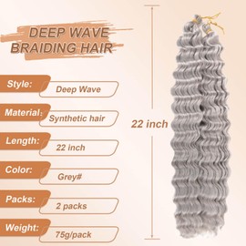 CHARSUN Deep Wave Crochet Hair Curly Braiding Hair 22 Inch Ocean Wave Braiding Hair Extensions For Black Women Synthetic 2 Pack Boho Braids Extension(Grey#)