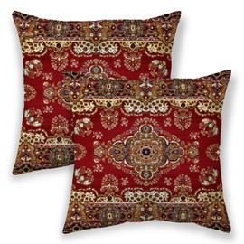 BETGINY Boho Pillow Covers 18x18, Red Brown Ethnic Design Outdoor Decorative Throw Pillows for Couch, Carpet Pattern Decor Cushion Cover 2 Pcs Farmhouse Linen Pillowcase for Bed Car Safa