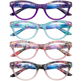 Sumkyle 4 Pack Cat Eye Reading Glasses Blue Light Blocking for Women,Stylish Pattern Spring Hinges Computer Readers (4 Mix, 2.50)