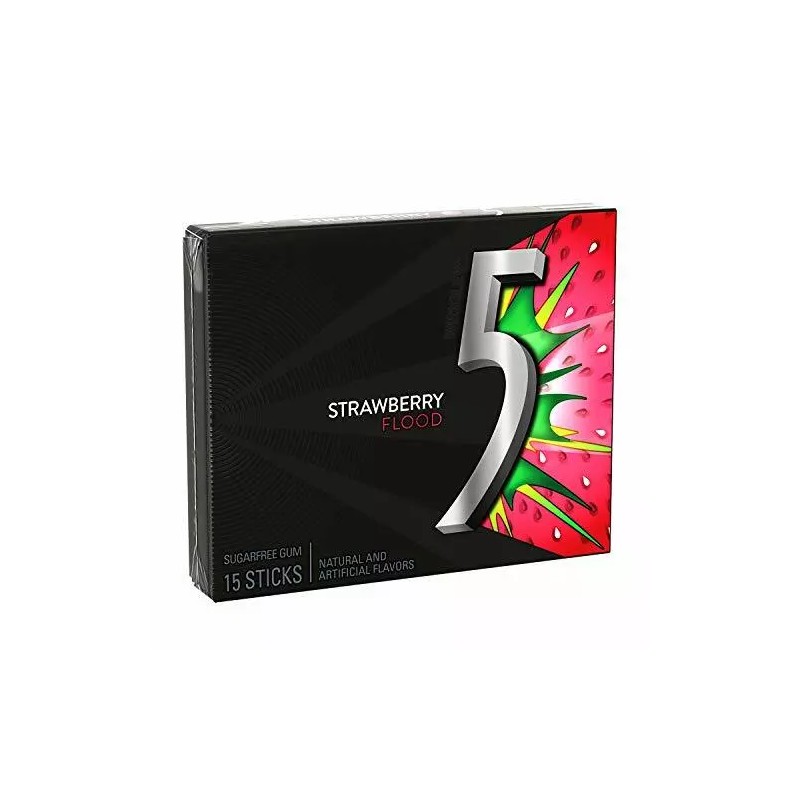 Five 5 Gum Strawberry Flood Sugarfree Gum, 15Piece (Pack of