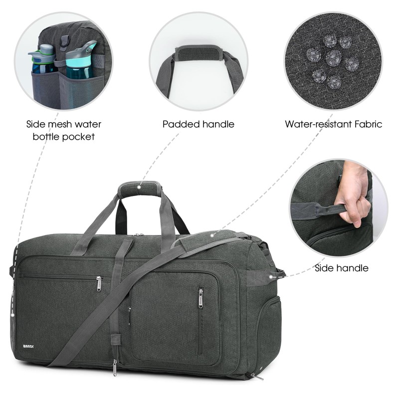 WANDF Travel Duffle Bag 65L Shoes Compartment Foldable Overnight Weekender