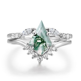 Natural Moss Agate Gemstone Genuine 925 Sterling Silver Ring for Women Kite Cut Women's Ring Set for Engagement Silver 925 Jewelry (Rhodium Plated Silver, 6.5)