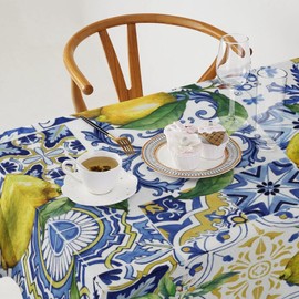 Blue Tiles Lemon Tablecloth, Autumn Fruit Traditional Floral Pattern Table Cover for Party Picnic Dinner Decor, Rectangle(55x55in)