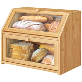 Vriccc Large Bread Box,Bamboo Wood for Kitchen Counter, Corner Bread Box, Large Capacity Bread Storage Bin