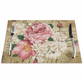 Walmsco Placemats Vintage Rose Flowers Decor For Dining Room Kitchen Table,Waterproof Non-Slip Washable Heat Resistant Placemats,Set of 4,12"x18"