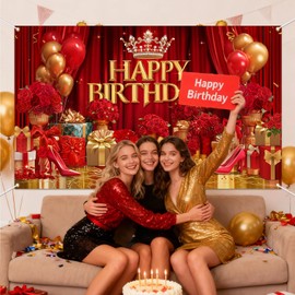 Mocsicka Red and Gold Birthday Banner(Red, 70.8 x 43.3 Inch)
