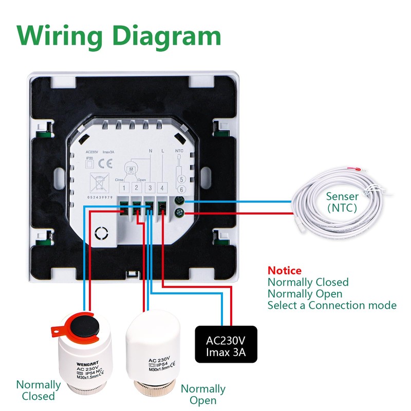 Wengart Heating Thermostat WG02B04,AC230V 3A Large Screen Sisplay,Key Operation,Weekly Programming,