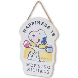 Peanuts Snoopy Happiness is Morning Rituals Hanging Wood Wall Decor - Cute Snoopy With Coffee Sign for Home or Office