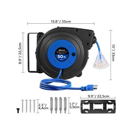 WILAWELS Retractable Extension Cord Reel, 50 FT Heavy Duty Power Cord, 14AWG/3C SJTOW, 3 Grounded Outlets Lighted Triple Tap, 13 Amp Circuit Breaker, UL Listed, Blue U50CR06