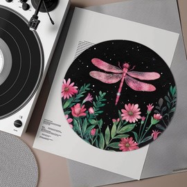 GLENLCWE Dragonfly Night Floral Turntable Platter Mat 12" Vinyl Platter Anti Static Slipmat Rubber Phonograph LP Vinyl Record Player Turntable Accessories
