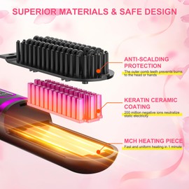 Cordless Hair Straightener Brush for Women, Rechargeable Electric Hot Hair Straightener Comb, Portable Mini Heated Hair Straightening for Travel, Negative Ion Thermal Brush, Hair Styling Tools (Black)